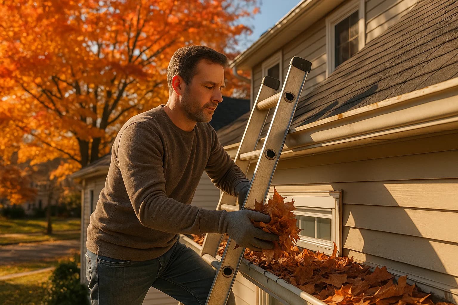 Homeowner on a ladder scooping autumn leaves out of a clogged gutter on a New Jersey home