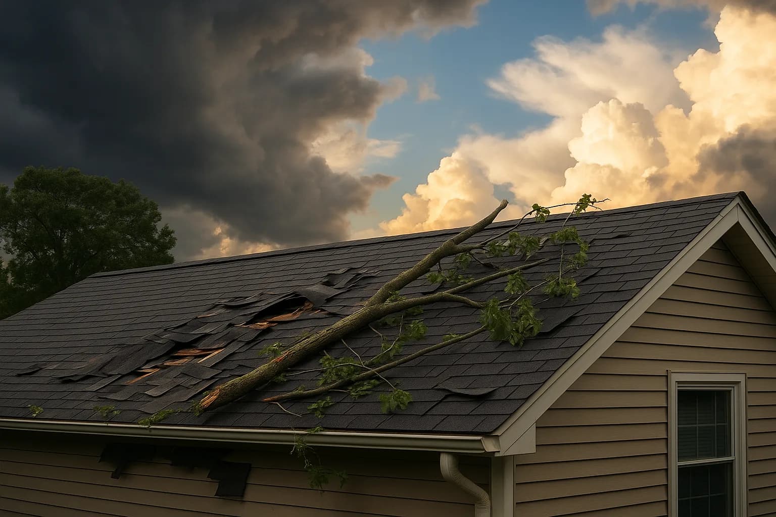 Tarp covering a damaged roof section in New Jersey during a post-storm inspection