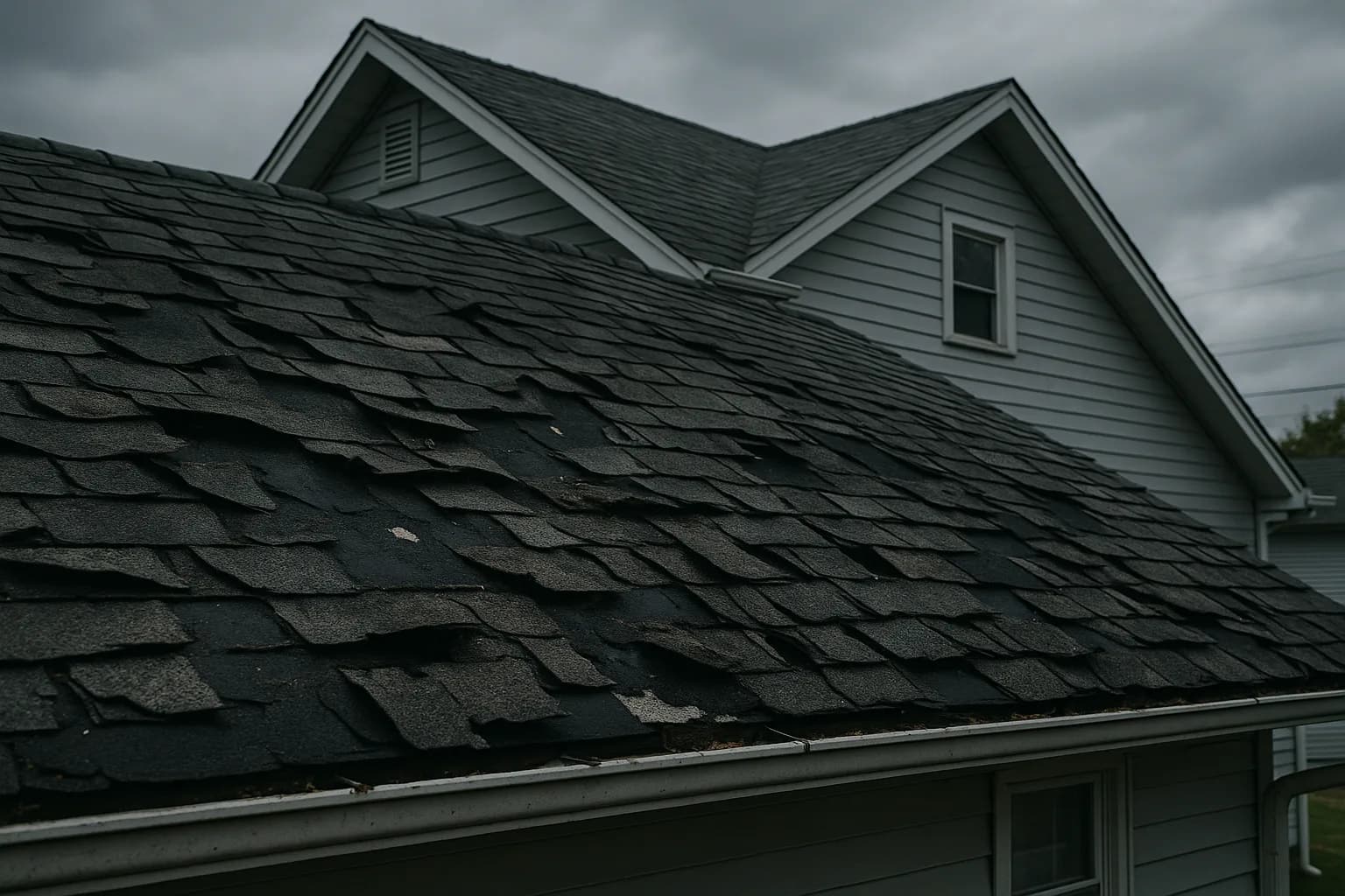 Weathered and damaged residential roof with curling shingles in New Jersey showing signs of needing replacement